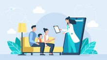 Social Media Template. Mobile App Family Doctor. Healthcare Services. Family Taking Consultation With Doctor Therapist. Online Medical Doctor And Man, Woman And Child Patients. Vector Illustration