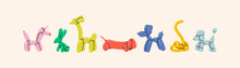 Balloon Animals Set In Vibrant Colors. Dog, Unicorn, Rabbit, Giraffe, Dachshund, Poodle, Swan Toys. Kids Birthday Vector Decoration Concept. Twisting Technique DIY Tutorial. Clown Stuff Isolated Items
