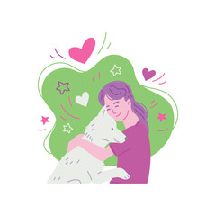 Sticker - Woman petting and hugging her dog, flat cartoon vector illustration isolated.