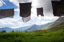 Washed Clothes Are Drying In Wind At Remote Mountain Farm Platina Leskovca In Slovenia
