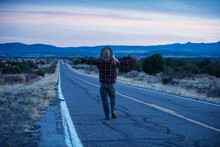 Man On Lonely Desert Highway, Gila Wilderness, New Mexico, USA