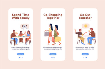 Wall Mural - family time onboarding mobile app screen flat template. walkthrough website 3 steps with characters.