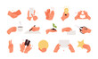 Hands set concept and various gestures. Handshake, business, coffee, signature, idea, applause, ecology, love