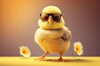 cheerful chick in black sunglasses on a yellow background. Generative AI
