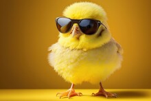 Cheerful Chick In Black Sunglasses On A Yellow Background. Generative AI