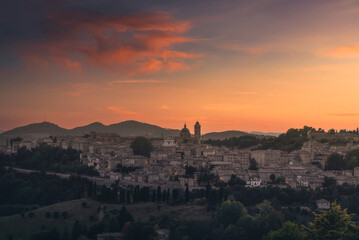 Poster - Urbino city skyline after sunset. Marche region, Italy.