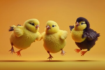 Wall Mural - a group of yellow cute chickens have fun on a yellow background. Generative AI