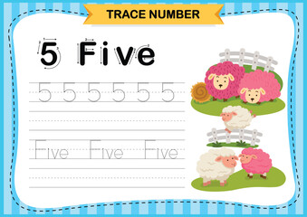 Numbers exercise with cartoon vocabulary.Trace number design for learning handwriting illustration  vector