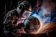 © RisingSun - Welder welding steel ball with spark flares in the factory, generative AI