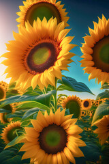 Poster - Beautiful sunflowers close-up in the field. AI generated.