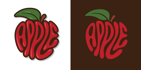 Wall Mural - Fresh red apple fruit typography sign. Hand drawn apple word lettering for logo, label, badge, emblem. Glossy colorful sticker. Vector illustration.