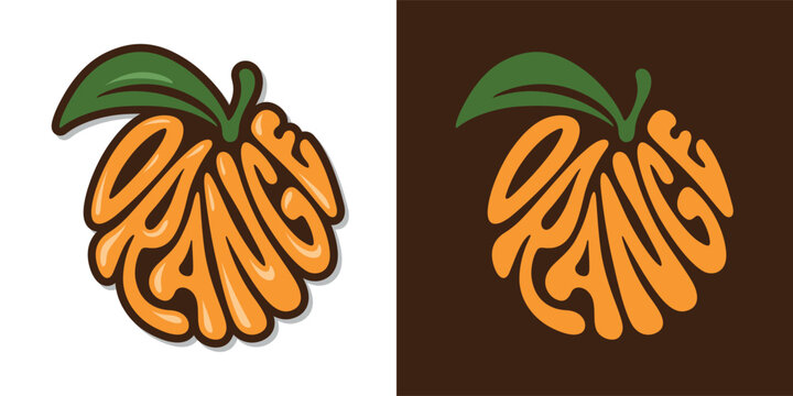 Fresh orange fruit typography sign. Hand drawn orange word lettering for logo, label, badge, emblem. Glossy colorful sticker. Vector illustration.