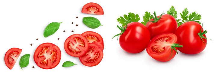 Wall Mural - Tomato slices with basil and peppercorns isolated on white background. Top view with copy space for your text. Flat lay