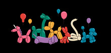 Various Balloon Animals Collection. Festive Set Of Inflatable Unicorn, Dog, Bunny,  Giraffe, Dachshund, Poodle, Swan Shapes. Birthday Celebration Party. Fancy Abstract Characters Isolated Vector