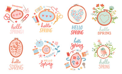 Wall Mural - Hello Spring hand drawn vector set. Lettering spring season with embroidery leaves flowers for greeting card.