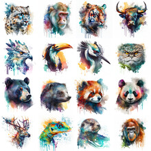 Asian Animal Set Painted With Watercolors On A White Background In A Realistic Manner, Multicolored And Iridescent. Ideal For Teaching Materials, Books And Nature-themed Designs. Created By AI
