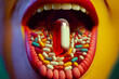 Open mouth full of pills and pills with medicines, the concept of vitamin overdose or poisoning of the human body. Generative AI