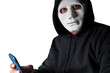 Close-up. An anonymous hacker wearing a mask and black hoodie shows off a smartphone with a blank white screen. Hacking and malware concept. Transparent background. png.file
