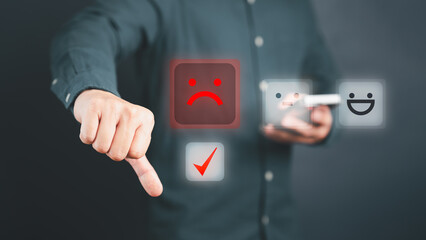 Aufkleber - Man give negative reviews for customer satisfaction surveys. Bad rating assessment for testimonial, customer evaluation feedback, service rating satisfaction and certification concept.