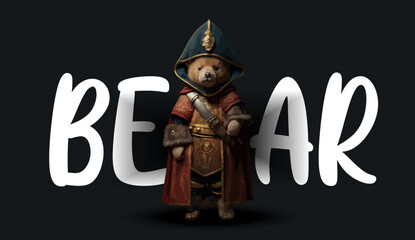 Cute teddy bear in royal guard costume. Funny charming illustration of a teddy bear on a black background. Print for your clothes or postcards. Vector illustration