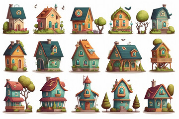 illustration of a series of 2d painted house for children's books or video games - AI generative