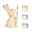 Watercolor illustration of a cute bunny with a brush and paints, isolated on a white background.
