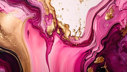 Wall Mural - Abstract background, liquid painting, ink, oil mixture of bright pink, white and gold colors. High-resolution marble texture background. AI