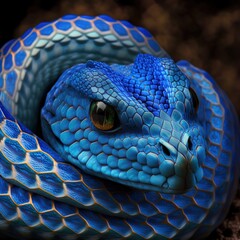 Blue viper snake closeup face.