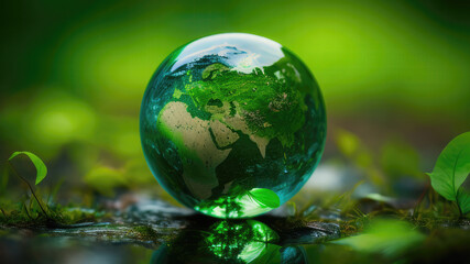 A Green World: The Significance of a Green Globe with Continents on blurred Natural Background. Happy earth day concept. Generative AI