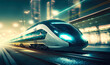 High speed train at ride and blurred city buildings at night on background. Postproducted generative AI illustration.