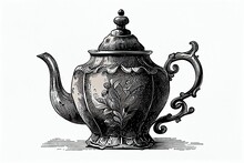 Old Classic Teapot Illustration In Black And White, Generative AI