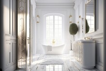 Nice Cozy New Modern Bathroom Interior With A Shower, Bathub, Marble Tiles And Touch Of Luxury. AI Generative For Real Estate Companies.