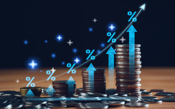 interest rate and dividend concept. businessman with percentage symbol and up arrow, interest rates 