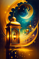 arabic islamic illustration for greeting muslims in ramadan, gold lantern design, generative ai