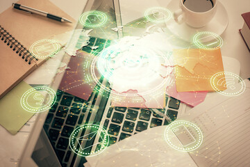 Fototapete - Social network hologram drawings over computer on the desktop background. Top view. Multi exposure. Concept of people connection.