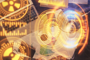 Fototapete - Technology hologram drawing over computer on the desktop background. Top view. Double exposure. Tech concept.