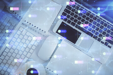 Fototapete - Multi exposure of data theme drawing hologram over topview work desk background with computer. Concept of technology.