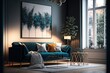 Interior design of cozy living room or rest room with stylish sofa, artistic mock up poster, home-staging decorations and accessories in modern home decor. Generative AI