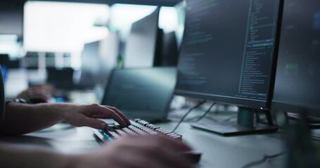 Poster - Close Up of a Software Developer Working on a Computer, Typing Programming Code on a Stylish Keyboard with Neon Backlight. Professional Employee Doing Work in a Cyber Security Technology Company