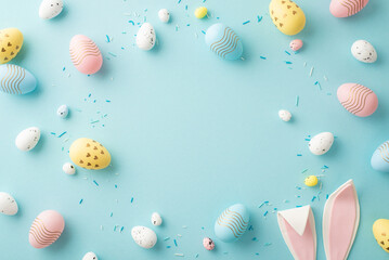Wall Mural - Easter composition concept. Top view photo of yellow white blue pink eggs easter bunny ears and sprinkles on isolated pastel blue background with copyspace in the middle
