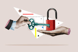 Fototapeta Kawa jest smaczna - A hand with a key opens the lock. Art collage.