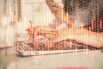 Aufkleber - Multi exposure of woman hands typing on computer and financial graph hologram drawing. Stock market analysis concept.