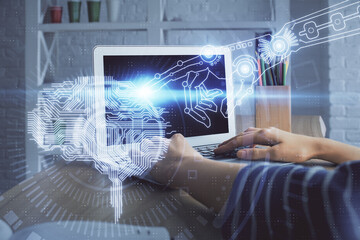 Aufkleber - Double exposure of woman hands working on computer and brain hologram drawing. Ai concept.