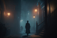 Jack The Ripper At Foggy Night In Street Of London. Generative Ai
