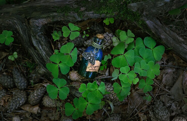 Wall Mural - magic witch bottle with amulet on natural forest background. Witchcraft, mysterious spiritual practice. pagan Wiccan traditions. esoteric ritual for Midsummer, Litha. top view