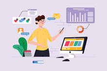 Digital Marketing Violet Background Concept With People Scene In The Flat Cartoon Style. Marketer Transfers All His Work To The Computer In Order To Switch To Digital Marketing. Vector Illustration.