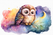 Watercolor Drawing. The Owl Sleeps On A Cloud And A Rainbow. Cute Childish Drawing. Ai Generative