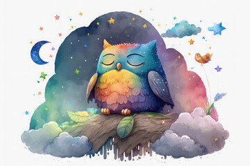 Wall Mural - watercolor drawing. the owl sleeps on a cloud and a rainbow. cute childish drawing. ai generative