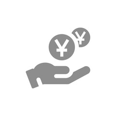 Wall Mural - Human hand and money dropping Chinese yuan coin icon. Savings and payment concept vector fill symbol.