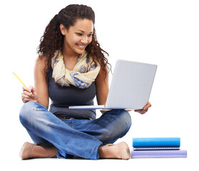 A university student planning or reading college notes and learning from e books or studying on laptop acquiring knowledge and internet research for university education isolated on a PNG background.